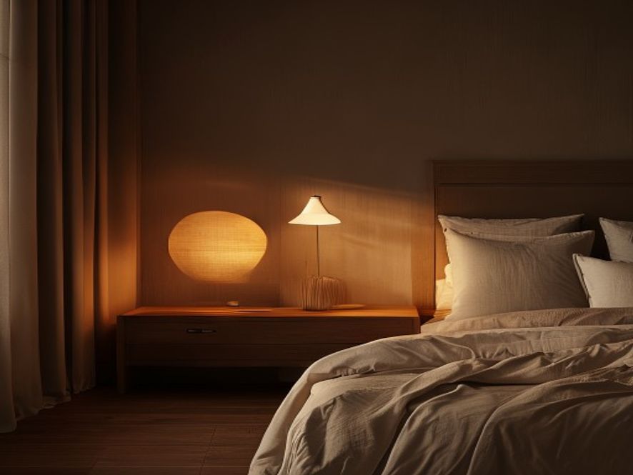 Calm darkened bedroom with soft ambient lighting and minimalist design